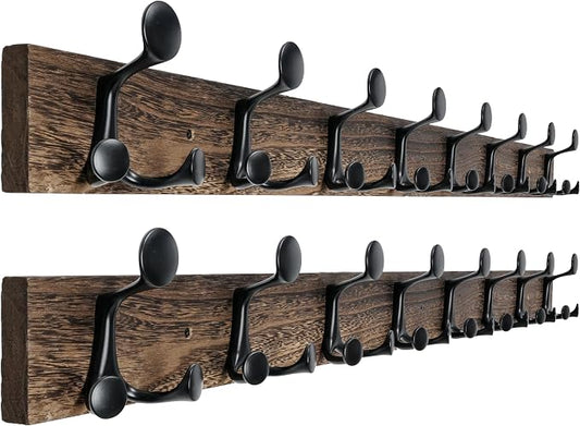 WEBI Coat Rack Wall Mount,43" Solid Wood Coat Hooks Wall Mounted Coat Hanger,16" Hole to Hole,Heavy Duty Hook Rack Rail,8 Triple Hooks for Hanging Coats,Jacket,Clothes,Hat,Weathered Brown,2 Packs
