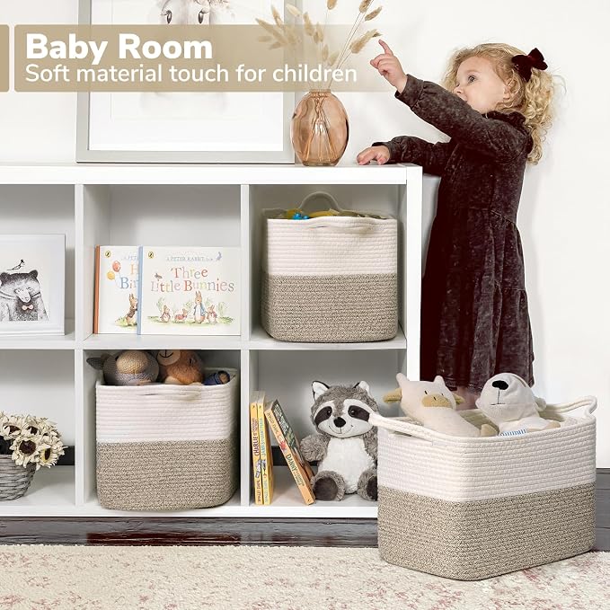 Goodpick Woven Storage Basket for Shelves, 13" x 10" x 9", Light Brown | Books, Dog Toys & Towels Storage, Closet & Shelves Organization, Decorative Rectangle Design, Reinforced Handles