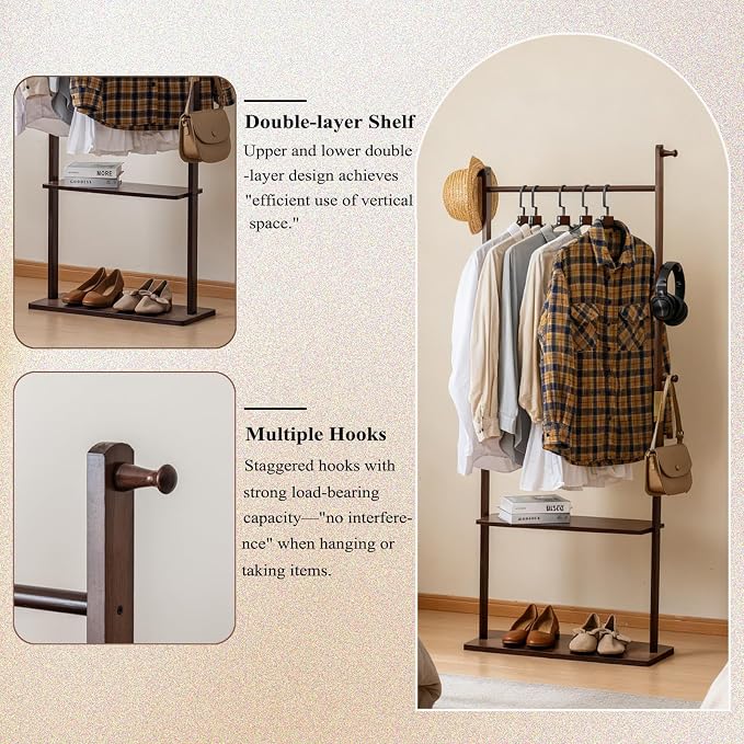 SOBIBO Wood Coat Rack Freestanding with Shelves & Hooks, 23.6inch, Walnut | Solid Wood Frame, 3-in-1 Clothes Rack, Garment Rack with Storage for Bedroom, Hallway, Entryway, Office, Living Room