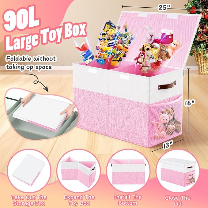 Large Toy Storage Box with Lid & Dividers, Kids Toy Chest, Pink and White | Toy Box for Boys, Girls, Nursery, Bedroom, Living Room, Playroom, 25 x 13 x 16 inches