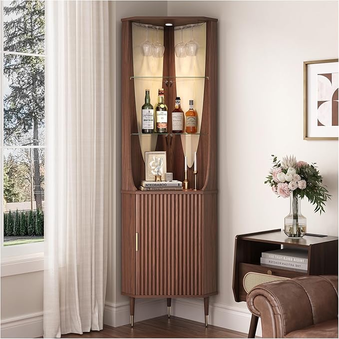 JOINICE Tall Corner Bar Cabinet for Liquor,Mid-Century Modern,Walnut,70" | Fluted Door,Glass Shelves,Wine Cabinet with Led for Living Room, Kitchen,Dining Room,Easy Assembly,for Small Apartment