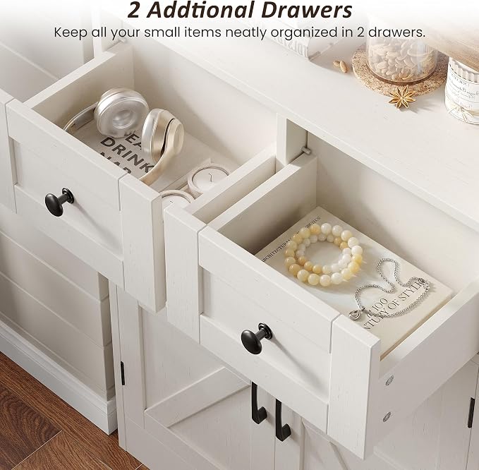 Farmhouse Storage Cabinet Set of 2, Small Kitchen Pantry Coffee Bar Cabinet | Accent Buffet Cabinet Cupboard, 2 Drawers, Barn Doors & Adjustable Shelves, for Kitchen/Entryway/Bathroom, Antique White