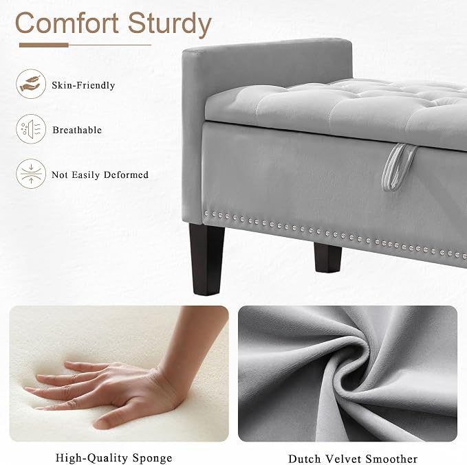 51" Storage Ottoman Bench, Velvet Large End of Bed Bench with Arms, Modern Storage Bench for Living Room, Bedroom, Entryway, Window, Holds up to 500 lb