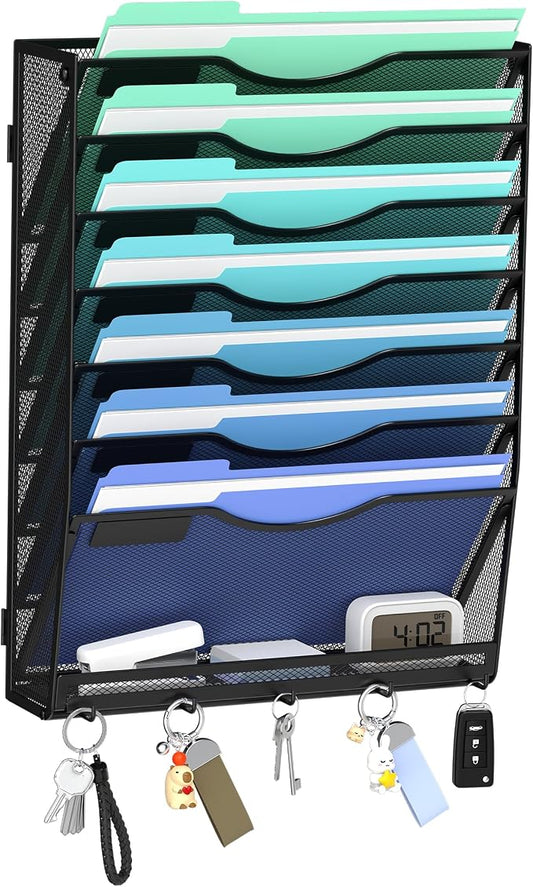 Gawerk Hanging Wall File Organizer with 5 Hooks - Wall Mounted Mail Paper Document Folder Holder, Sturdy Mesh Magazine Rack for Office Home (7+1 Tier)