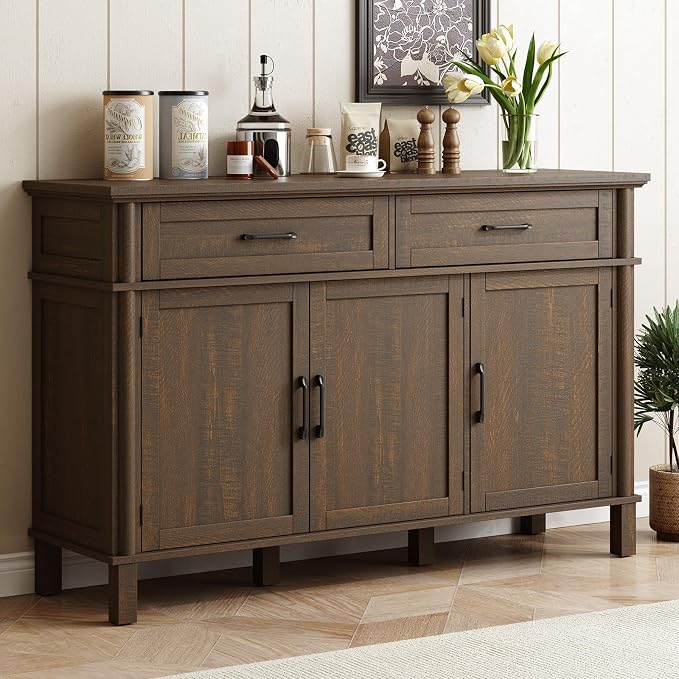 55 Inch Buffet Cabinet with Storage, Farmhouse Sideboard Buffet w/2 Drawers and 3 Doors, Wood Coffee Bar Cabinet with Adjustable Shelves, Sideboard Storage for Kitchen, Living Room, Brown