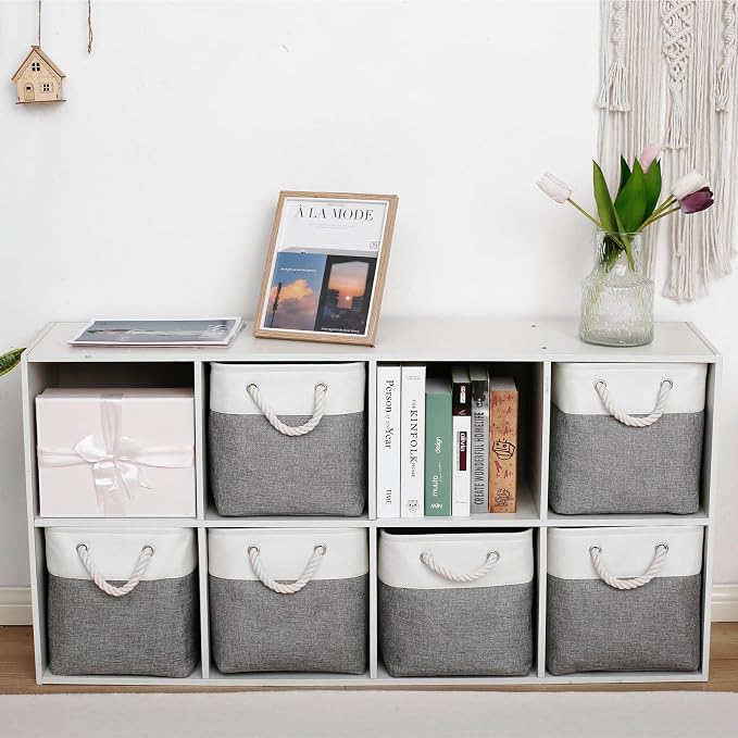 13 Inch 6 Pack Foldable Fabric Storage Basket with Handles | Home Cube Storage Basket,Large Cube Storage Bins,Closet Storage, Home Organizer(White&Gray)