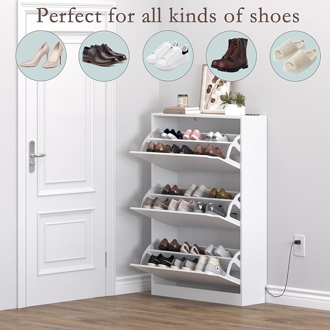 BORNOON Shoe Cabinet with Odor Control and Back Panels, Deodorizing Slim 3-Flip Shoe Storage Cabinet for Entryway, Freestanding Hidden Shoe Rack Organizer for Entrance, Hallway, Bedroom