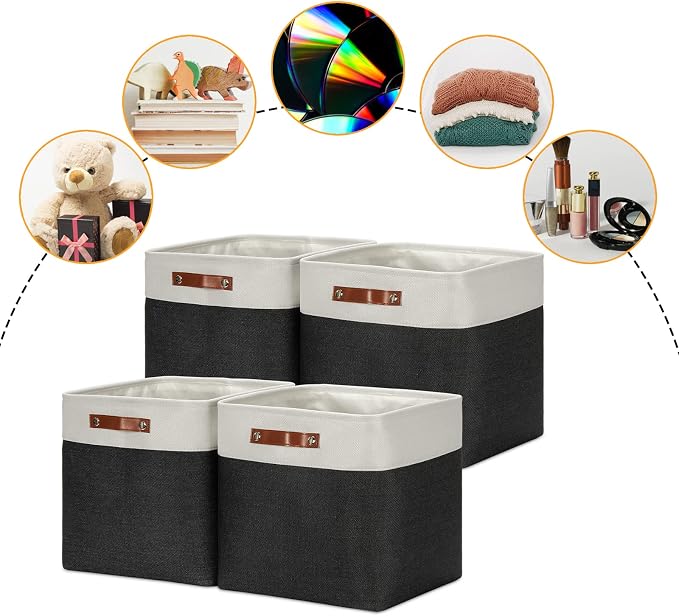 DULLEMELO Storage Baskets, 13 Inch Cube Storage Bins for Shelves Closet Storage, Foldable Linen Closet Organizers Storage Baskets for Closet Storage (4 Pack - 13" White&Black)