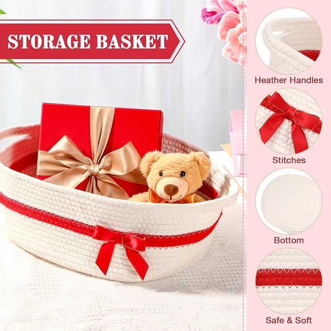 Colingmill 1 Set Woven Empty Basket for Gift,White Red | with Cellophane Wrap Set, 14 x 10 x 5.5 Inch, Medium Decorative Gift Basket, Cotton Rope Storage Box, Home Decor