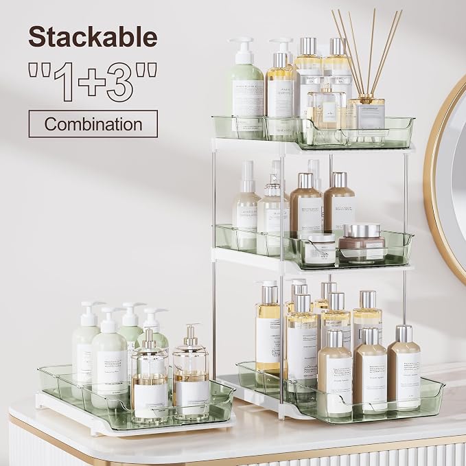 Delamu 2-Tier Multi-Purpose Bathroom Under Sink Organizers and Storage, Stackable Kitchen Pantry Organization, Pull Out Medicine Cabinet Organizer with Movable Dividers, Light Green, 4 Pack