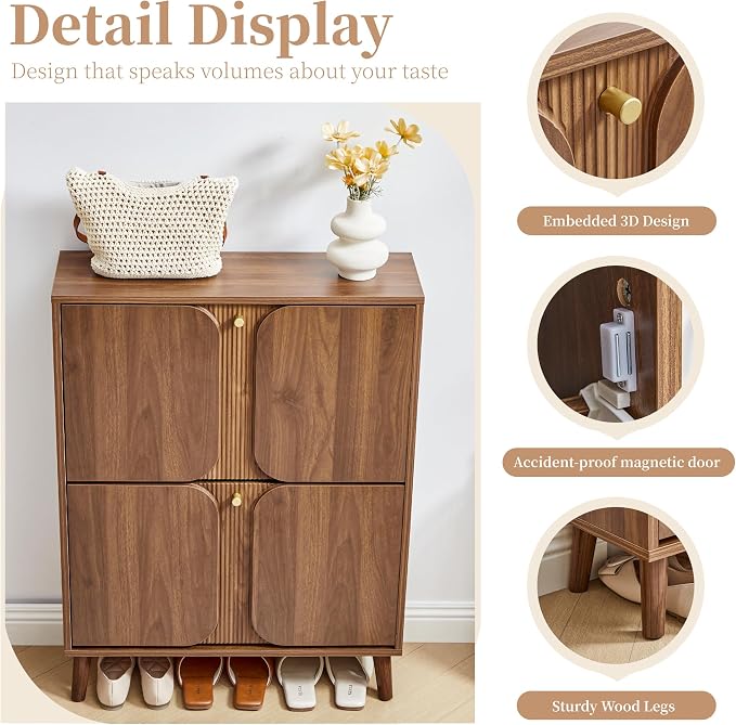 BERRYMERRY Shoe Storage Cabinet with 2 Flip Drawers with Fluted Recessed | narrow,entryway,16 pairs shoe,shoe organize,hidden shoe rack,fluted panel,wave pattern,wood,space saving