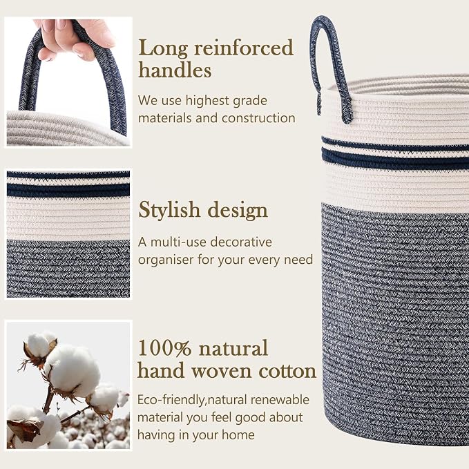 Woven Rope Laundry Hamper Basket by YOUDENOVA, 58L Tall Luandry Basket, Baby Nursery Hamper for Blanket Storage in Bedroom-Large-Blue | Large Woven Laundry Hamper with Sturdy Handles, Collapsible Home Decor Laundry Basket for Laundry, Clothes, Toys in ...