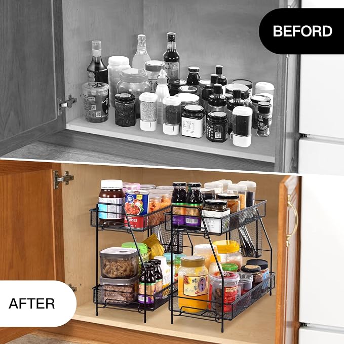 Large Countertop Organizer for Bathroom Counter, Bathroom Organizers and Storage, Under Sink Organizer Spice Rack Organizer for Kitchen with Basket(Black)