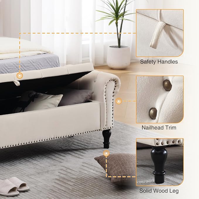 Storage Bed Bench for Bedroom, Velvet 67" End of Bed Benches, King Size Bench with Armrest, Tufted Button Upholstered Ottoman Bench for Living Room, Entryway, Cream White