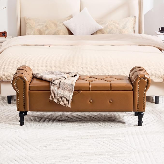 Storage Bench 51" Faux Leather End of Bed Benches Brown | Queen Size Storage Bench for Bedroom with Rolled Arms Tufted Ottoman Benches Upholstered Bench for Living Room Entryway