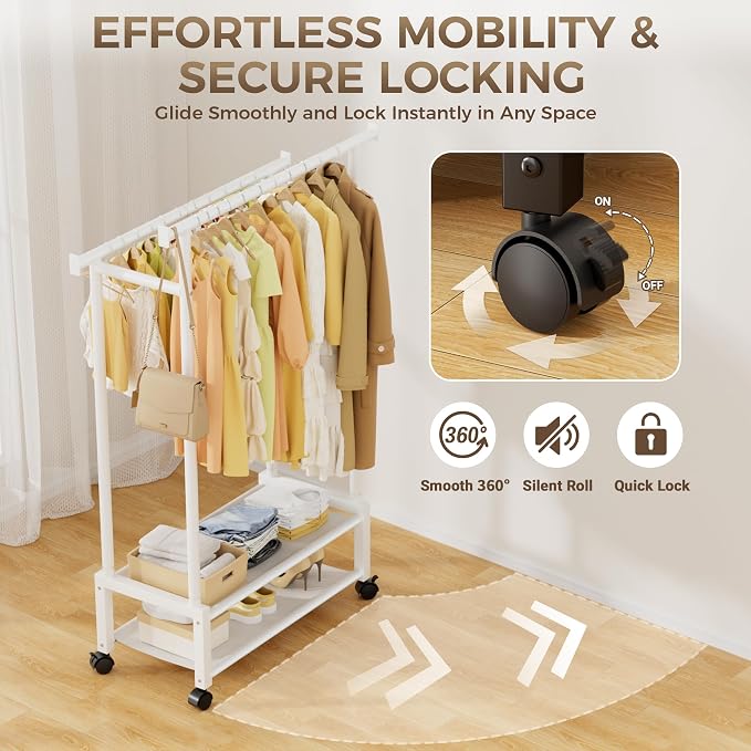 Double Rod Clothing Rack with 2 Shelves, Rolling, White | All tools included, metal frame, 4 casters with 2 locking, for bedroom, laundry, and entryway