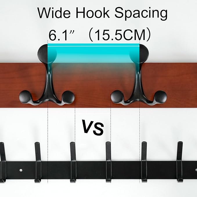 WEBI Coat Rack Wall Mount,36" Solid Wood Coat Hooks Wall Mounted Coat Hanger,16" Hole to Hole,Heavy Duty Hook Rack Rail,6 Triple Hooks for Hanging Coats,Jacket,Clothes,Hat,Backpack,Cherry