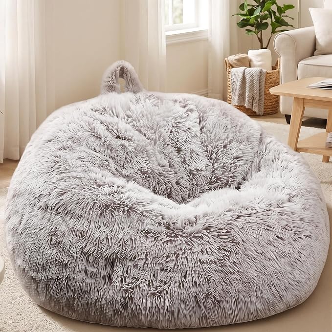 Stuffed Animal Storage Bean Bag Chair Cover, Soft Bean Bag Cover | Fluffy Faux Fur Stuffed Animal Storage Chair, Non-Slip Bottom, Fill with Plush Toys or Blankets, for Adults Teens Kids Girls