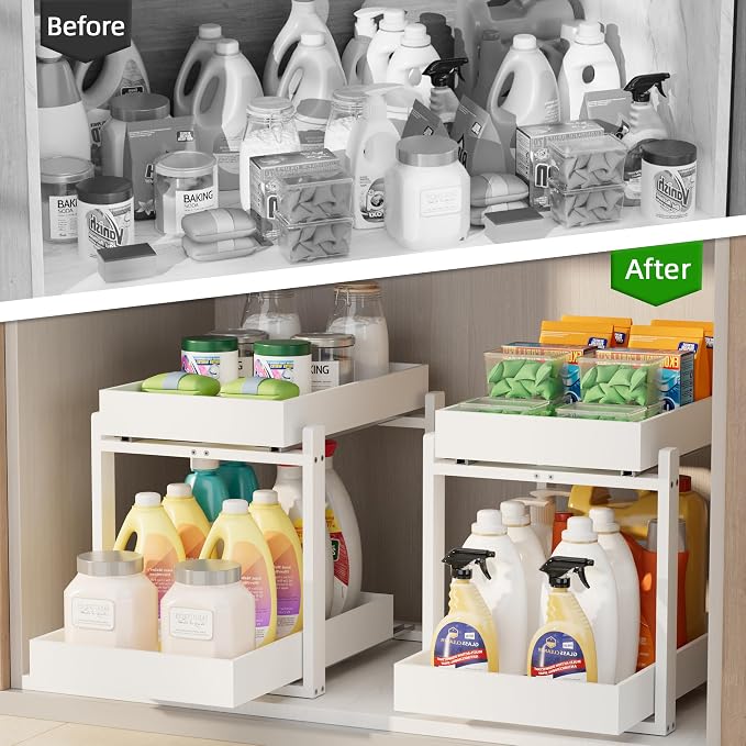 APRTAT 2 Pack Bamboo Under Sink Organizer, 2-Tier Pull Out Storage Drawers | Smooth pull-out drawers keep cleaners and tall bottles visible, organized and easy to reach in kitchen or bathroom cabinets