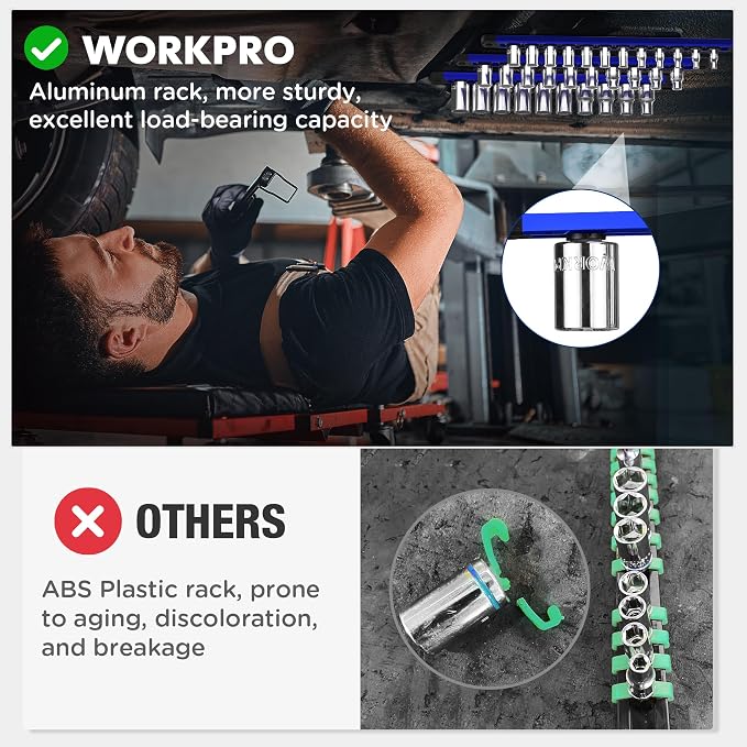 WORKPRO Magnetic Socket Organizer Set, 6-Piece 1/4” 3/8” 1/2” Socket Rails | 2-Piece 1/4-Inchx12 Clips, 2-Piece 3/8-Inchx10 Clips, 2-Piece 1/2-Inchx10 Clips, Aluminum Alloy, Rotatable & Movable Clip