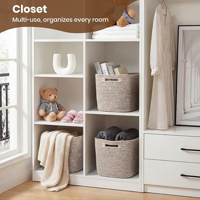 Storage Baskets for Organizing, 14 x 10 x 9” Closet Shelf Woven Baskets, Square Bins with Handles, Cotton Rope Basket for Clothes, Office, Room, Brown 4 Pack