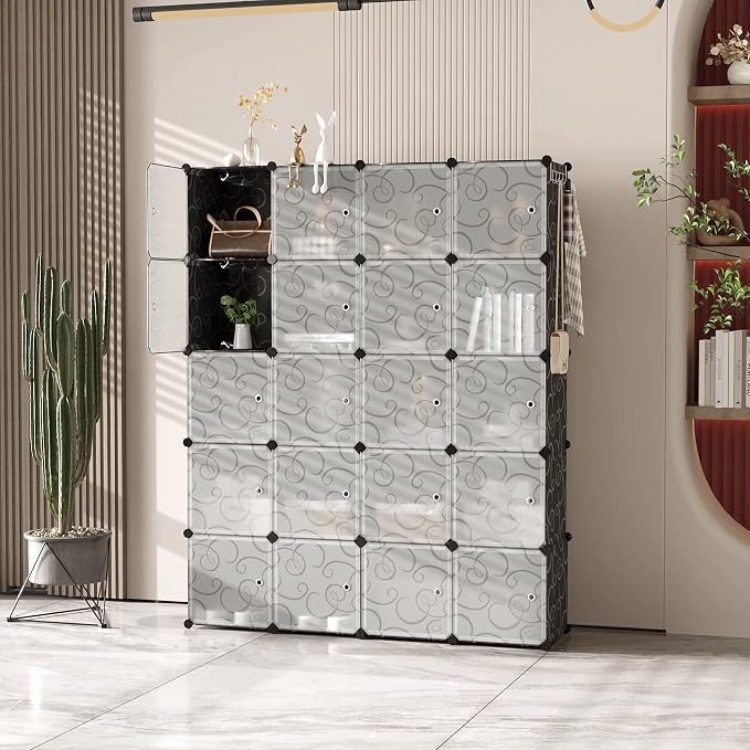 C&AHOME 20-Cube Storage Organizer with Door Platic Closet Organizer Black | Modular Bookshelf, Storage Shelving, Portable Shelves Organizing Units Ideal for Bedroom, Home 48.4" L × 12.4" W × 60.6" H
