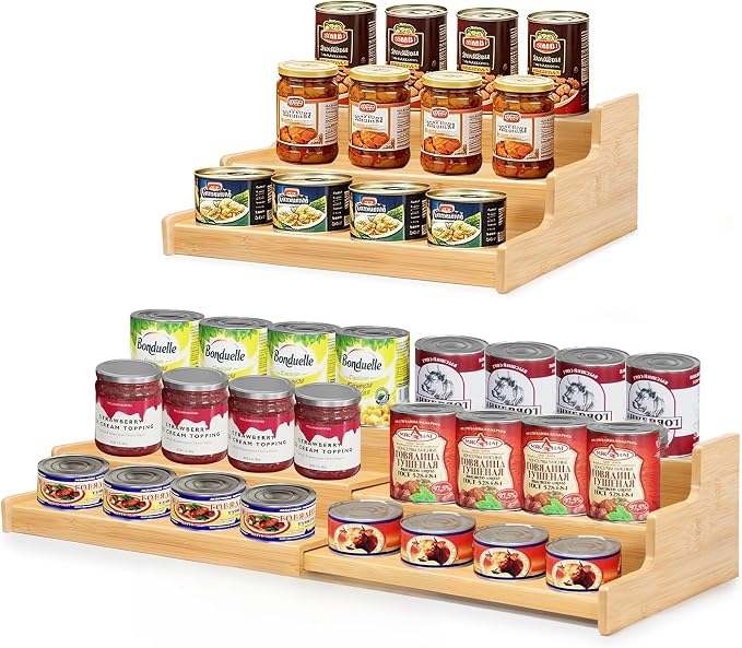 TISTON Expandable Bamboo Can Organizer for Pantry, 3-Tier Adjustable Pantry Organizers and Storage, Spice Rack Organizer for Cabinet, Cup Organizer