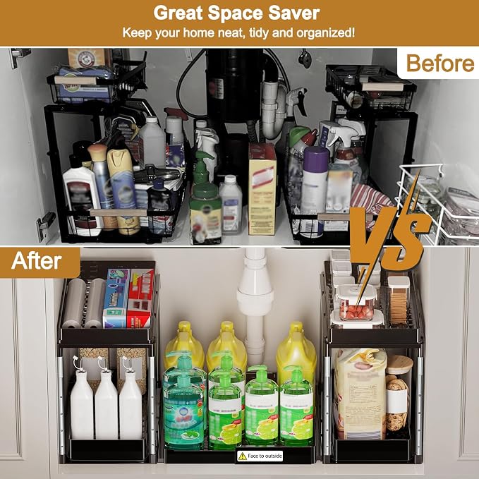 NIUXX Expandable Under Sink Organizer: 2 Tier Height Adjustable | Under Cabinet Organizer - Double Pull Out Shelf Under Sink Storage for Kitchen - Bathroom and Laundry Room - Space Saving
