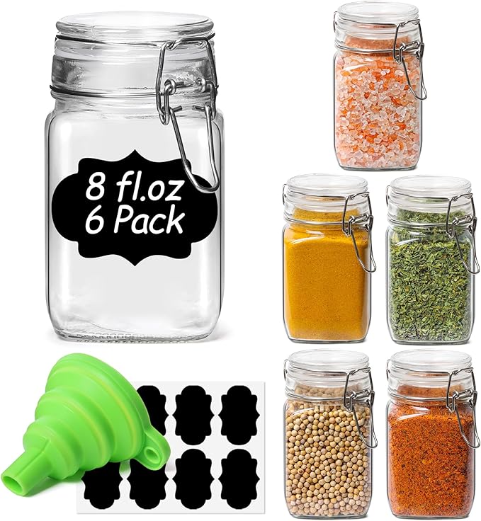 ComSaf Square Small 8 oz Glass Spice Jars with Airtight Lids 6 Pack Pantry | Jams herbs, Overnight oats, Pickling favors, Labels included, Funnel included, Pantry organization, Sourdough pickling
