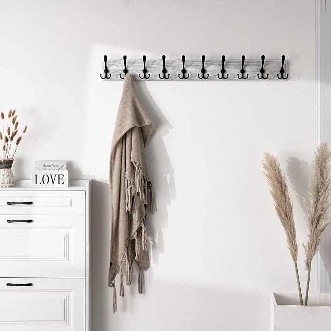 SKOLOO Coat Rack Wall Mounted - 38.3'' Long, Wooden, Heavy Duty, Rustic Coat Hooks for Wall, Wall Coat Rack with 10 Triple Hooks for Hanging Clothes, Jacket, Hat(Weathered White)