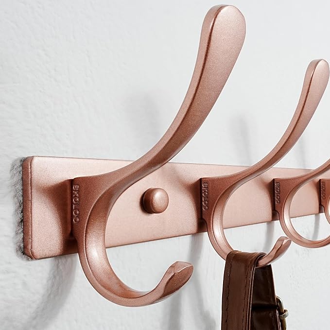 SKOLOO Coat Rack Wall Mounted - 10 Hooks, Heavy Duty, Stainless Steel, Metal Wall Hanger, Sturdy Coat Hooks for Hanging Coats, Jacket, Clothes, Hat, Matte Rose Gold