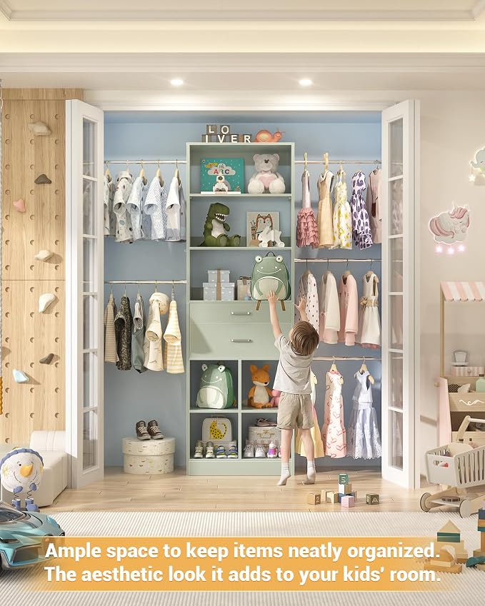 Besiost Small Closet System, 3.2-6.8FT Small Closet Organizer with 2 Drawers & 5 Hanging Rods, Can Fit 37.5 to 81.9 inch Walk-in Closet System, Built-in, Crab Green
