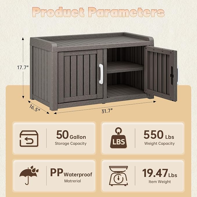 2-Tier Storage Bench, Waterproof UV-Resistant Outdoor Shoe Storage Cabinet with 2 Doors & Adjustable Shelves for Indoor Outdoor Entryway, Hallway, Living Room (Classic Grey)