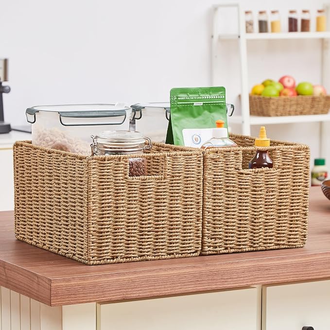 Vagusicc Wicker Storage Basket, Set of 2 Hand-Woven Paper Rope Wicker Basket, Small Storage Baskets for Organizing Toilet Paper Basket, Foldable Large Cube Storage Organizer Bins for Shelves (Natural)