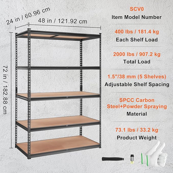 VEVOR Storage Shelves 5-Tier Adjustable 2000 lbs 48"x24"x72" Shelving Unit | Heavy Duty Garage Storage Metal Utility Rack Shelf for Kitchen, Pantry, Basement, Bathroom, Laundry, Living Room, Warehouse