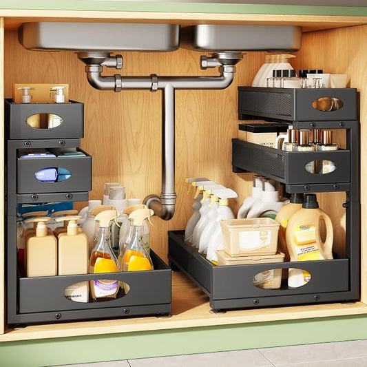 Kitstorack Under Sink Organizer 3-Tier Slide Out Drawer 2-Pack Black | Height Adjustable, Metal Mesh Storage Rack, Pull out Cabinet Organizer Shelf for Bathroom Kitchen Pantry Home Organization