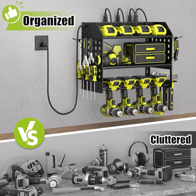 SUNALLY Power Tool Organizer Wall Mount with Charging Station,3 Layer,Black | Metal Tool Storage Rack with 4 Drill Holders, Heavy Duty Power Tool Shelf for Garage,Warehouse,Workshop, Gift for Men,Husband