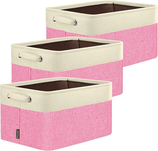 BALEINE 3 Pack Fabric Closet Storage Bins for Shelves, Linen Closet Organizers and Storage, Decorative Baskets for Organizing, Shelf, Clothes, Home, Office (Pink, 17''x13''x10.5'')