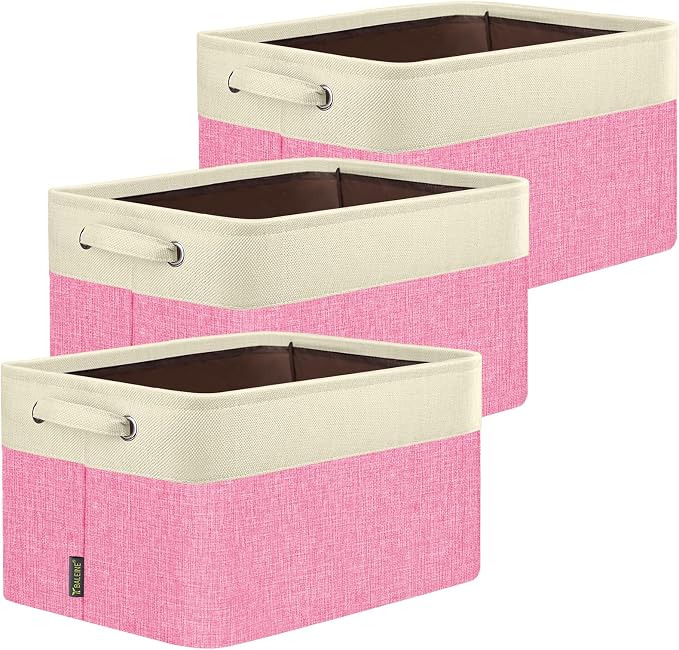 BALEINE 3 Pack Fabric Closet Storage Bins for Shelves, Linen Closet Organizers and Storage, Decorative Baskets for Organizing, Shelf, Clothes, Home, Office (Pink, 14''x10''x8.5')