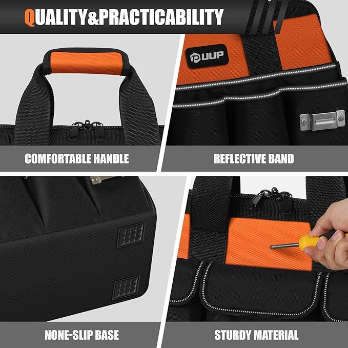 UUP 15" Heavy Duty Tool Bag, 16-Pocket Tool Box Organizer Orange | 16 Pockets & MOLLE. Detachable Strap & Handle. Non-slip Base, Metal Buckle. 30lb Holds Tools on Truck, Garage, Men Gift.