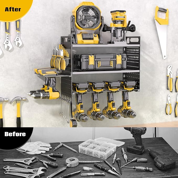 16.5" W Power Tool Organizer Wall Mount, 3-Layer,6 Drill Holders | Small Tool Storage Rack, Heavy Duty 150 lb Load Capacity for Garage Workshop, Black, Gift for Men
