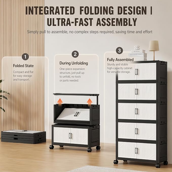 3 Tier Foldable Storage Cabinet with Wheels and Magnetic Doors | Premium PP Material Large Storage Organizer, Space-Saving Utility Storage for Home, Apartments, Dorm, Office, Rv