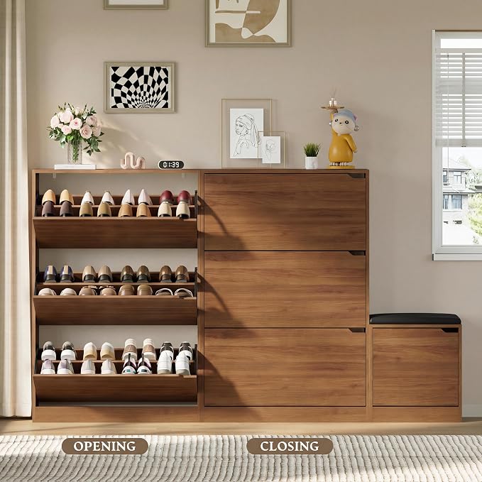 BORNOON Shoe Cabinet with Bench and 3 Flip Drawers, Slim Narrow Shoe Storage Cabinet, Freestanding Shoe Rack Organizer with Adjustable & Removable Shelves, Anti-Tip for Entryway, Hallway, Foyer
