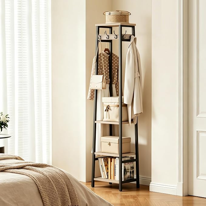 Coat Rack Freestanding with 3 Shelves and 7 Hooks | Coat Stand, Hall Tree Free Standing, Clothes Rack Stand Organizer, Industrial Style, Greige and Black