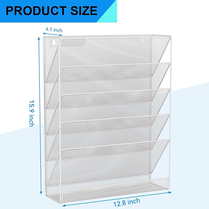 Wall File Organizer Holder Mesh Hanging Paper Document Holder, Vertical 6 Pocket Tier for Office Home, Silver