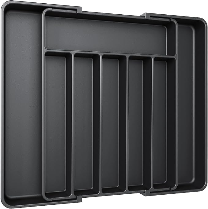 Aujen Silverware Drawer Organizer, Adjustable Utensil Cutlery Tray | Expandable Kitchen Organizer for Forks, Knives, Multipurpose Kitchen Storage , Apartment Essentials, Black, Large