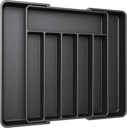Aujen Silverware Drawer Organizer, Adjustable Utensil Cutlery Tray | Expandable Kitchen Organizer for Forks, Knives, Multipurpose Kitchen Storage , Apartment Essentials, Black, Large