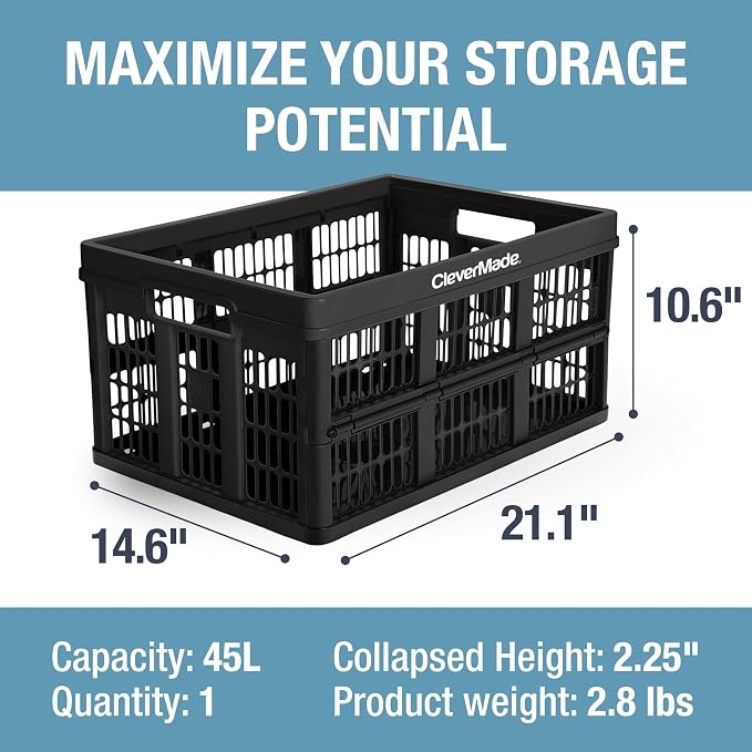 CleverMade Collapsible Utility Crate, 45L, 66 lb, Obsidian | Interlocking crates stack open or folded and carry 66 lb each. Side handles make groceries, tools, and gear easier to move.