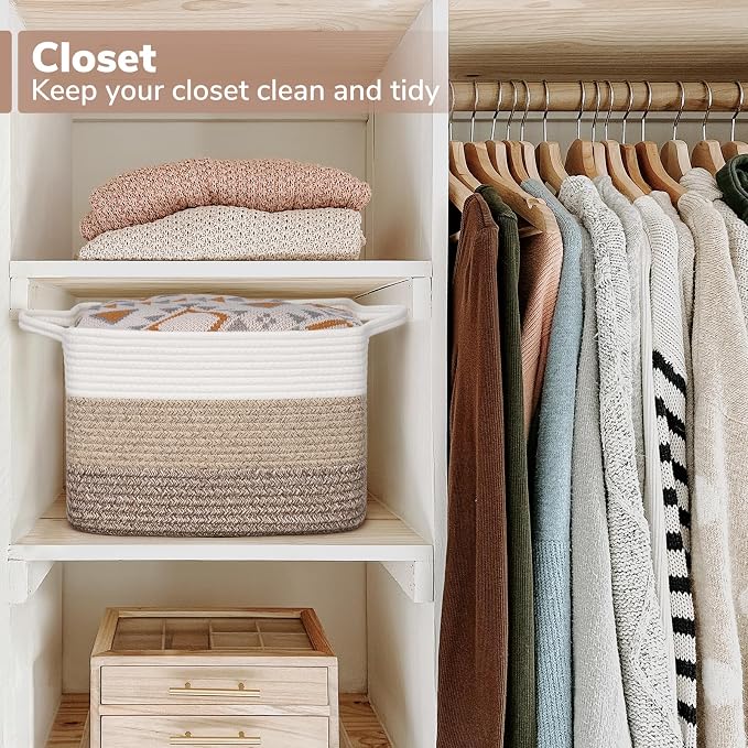 Goodpick Woven Storage Basket for Shelves, 13" x 10" x 9", Gradient Brown | Rectangle Design, Books, Dog Toys & Towels Storage, Shelf & Closet Organization, Reinforced Handles, Stylish Home Decor