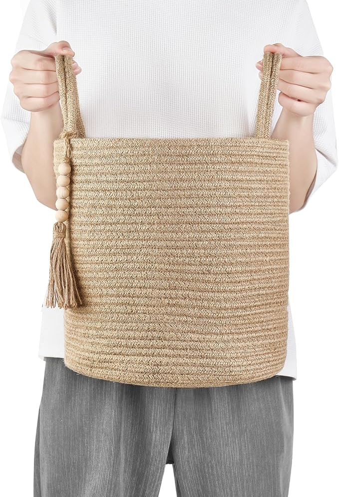 Mkono Woven Storage Basket Decorative Natural Rope Basket Wooden Bead Decoration for Blankets,Toys,Clothes,Shoes,Plant Organizer Bin with Handles Living Room Home Decor (Brown, 28 x 28cm) | Brown, Jute, Decorative Basket with Handle, Wood Beads Tassel,...